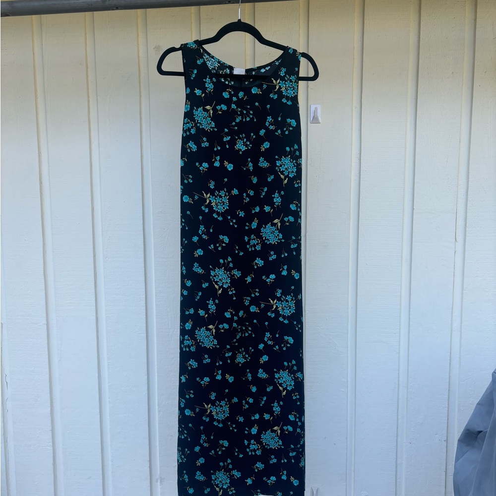 Vintage Black Floral Maxi Dress with Tie and Side Slit - XL